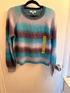 BB Dakota Teal, Gray & Cream Striped Crewneck Sweater